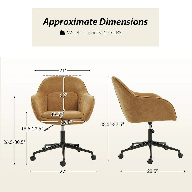 Chaise de bureau pivotante à dossier incurvé avec piètement en métal et roulettes, Gris / Moutarde / Beige, Style moderne, 1 personne