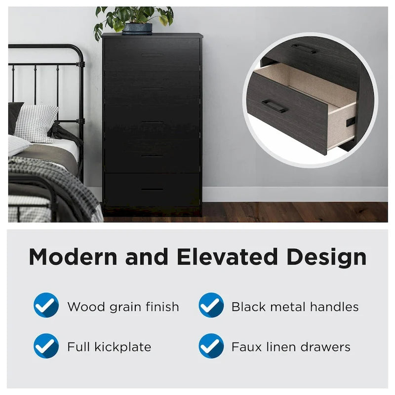 Commode haute à 5 tiroirs avec système d'assemblage emboîtable, chêne blanc / chêne blond / chêne noir, style grain de bois classique