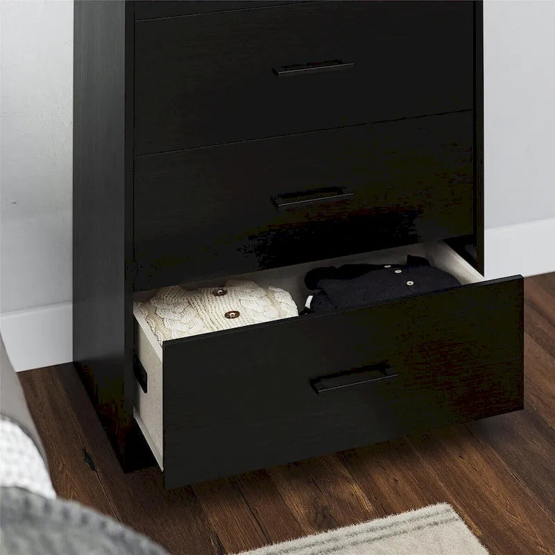 Commode haute à 5 tiroirs avec système d'assemblage emboîtable, chêne blanc / chêne blond / chêne noir, style grain de bois classique