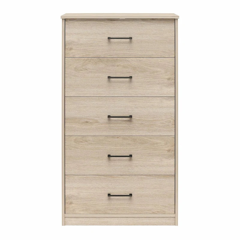 Commode haute à 5 tiroirs avec système d'assemblage emboîtable, chêne blanc / chêne blond / chêne noir, style grain de bois classique