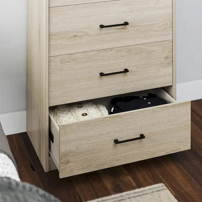 Commode haute à 5 tiroirs avec système d'assemblage emboîtable, chêne blanc / chêne blond / chêne noir, style grain de bois classique