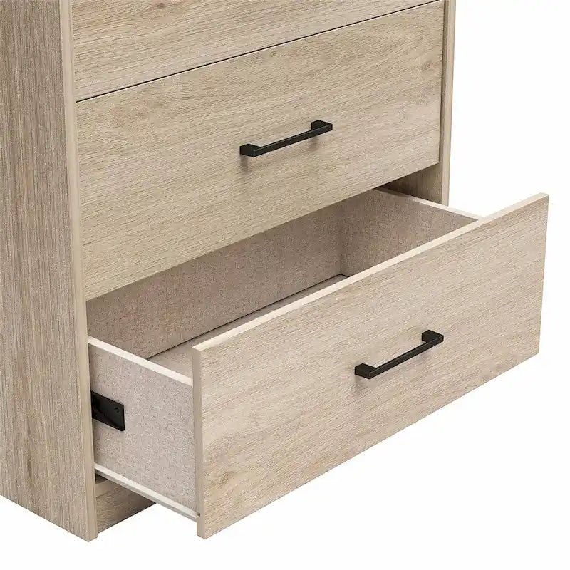 Commode haute à 5 tiroirs avec système d'assemblage emboîtable, chêne blanc / chêne blond / chêne noir, style grain de bois classique