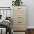 Commode haute à 5 tiroirs avec système d'assemblage emboîtable, chêne blanc / chêne blond / chêne noir, style grain de bois classique