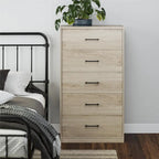 Commode haute à 5 tiroirs avec système d'assemblage emboîtable, chêne blanc / chêne blond / chêne noir, style grain de bois classique