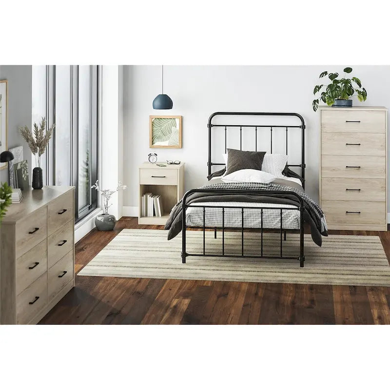 Commode haute à 5 tiroirs avec système d'assemblage emboîtable, chêne blanc / chêne blond / chêne noir, style grain de bois classique