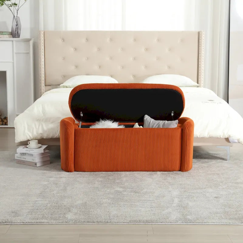 Banc ottoman de rangement en velours côtelé, orange / beige / gris clair / bleu marine / émeraude / noir, charnière de sécurité, 1 à 3 personnes