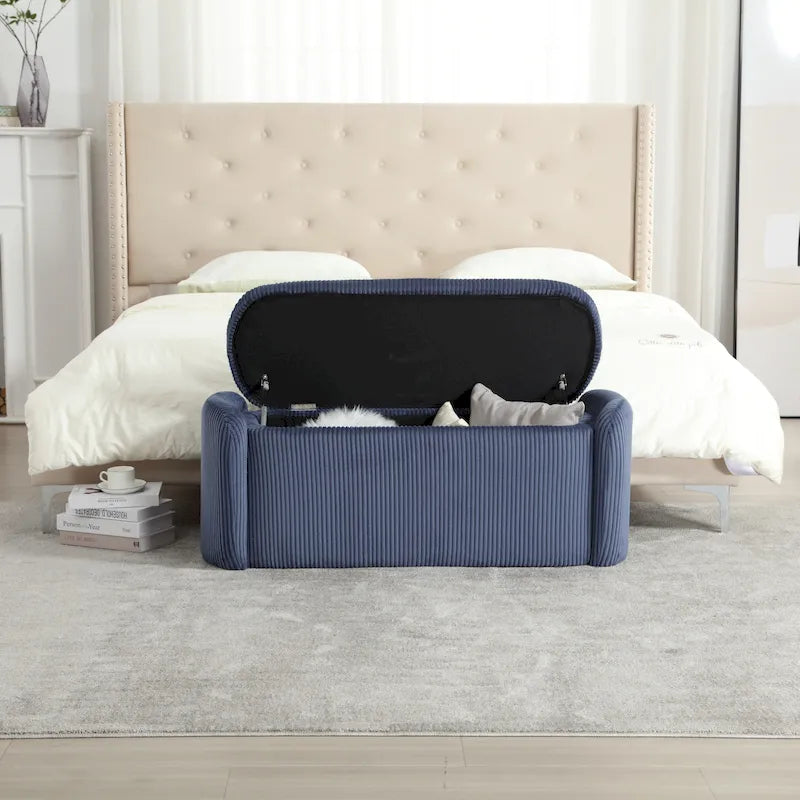 Banc ottoman de rangement en velours côtelé, orange / beige / gris clair / bleu marine / émeraude / noir, charnière de sécurité, 1 à 3 personnes