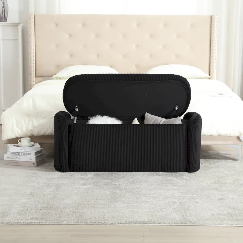 Banc ottoman de rangement en velours côtelé, orange / beige / gris clair / bleu marine / émeraude / noir, charnière de sécurité, 1 à 3 personnes