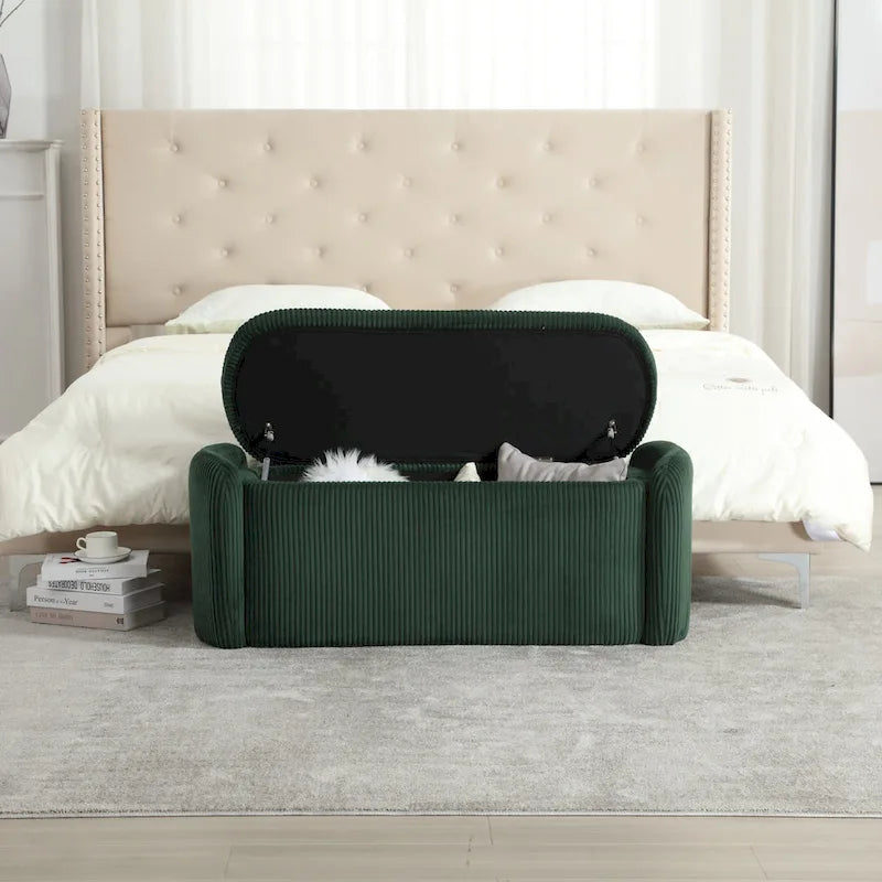 Banc ottoman de rangement en velours côtelé, orange / beige / gris clair / bleu marine / émeraude / noir, charnière de sécurité, 1 à 3 personnes