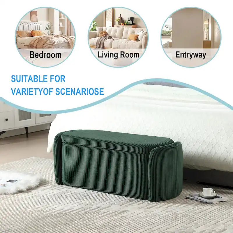 Banc ottoman de rangement en velours côtelé, orange / beige / gris clair / bleu marine / émeraude / noir, charnière de sécurité, 1 à 3 personnes