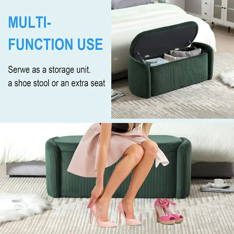 Banc ottoman de rangement en velours côtelé, orange / beige / gris clair / bleu marine / émeraude / noir, charnière de sécurité, 1 à 3 personnes