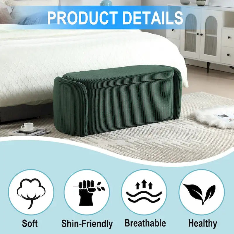 Banc ottoman de rangement en velours côtelé, orange / beige / gris clair / bleu marine / émeraude / noir, charnière de sécurité, 1 à 3 personnes