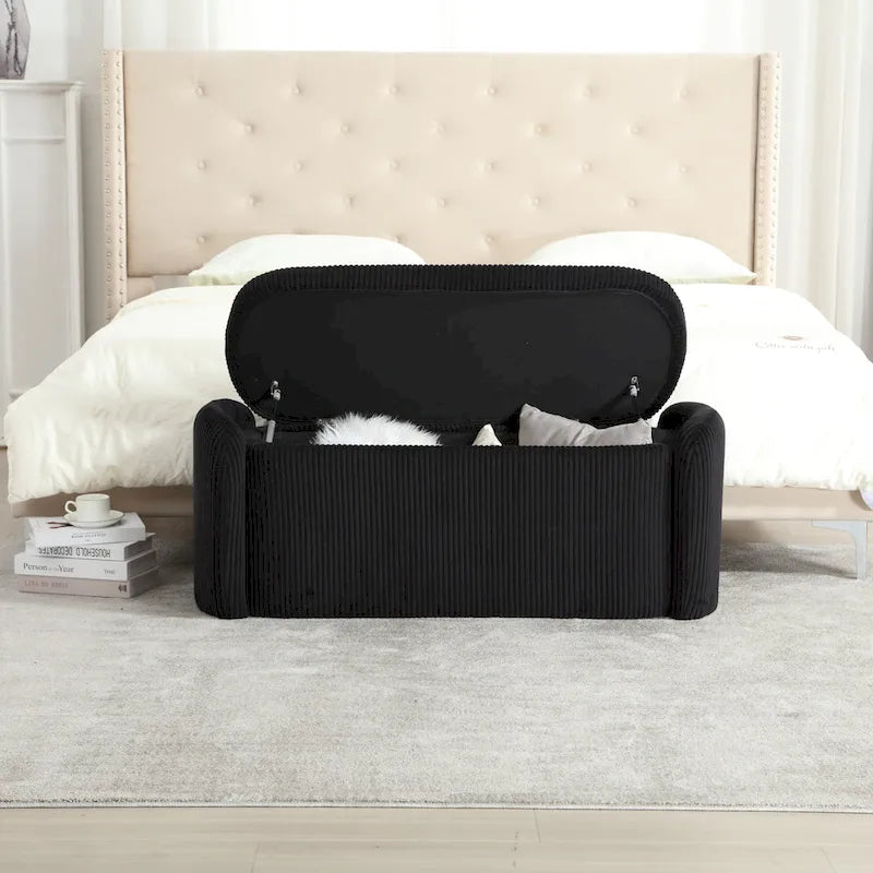 Banc ottoman de rangement en velours côtelé, orange / beige / gris clair / bleu marine / émeraude / noir, charnière de sécurité, 1 à 3 personnes