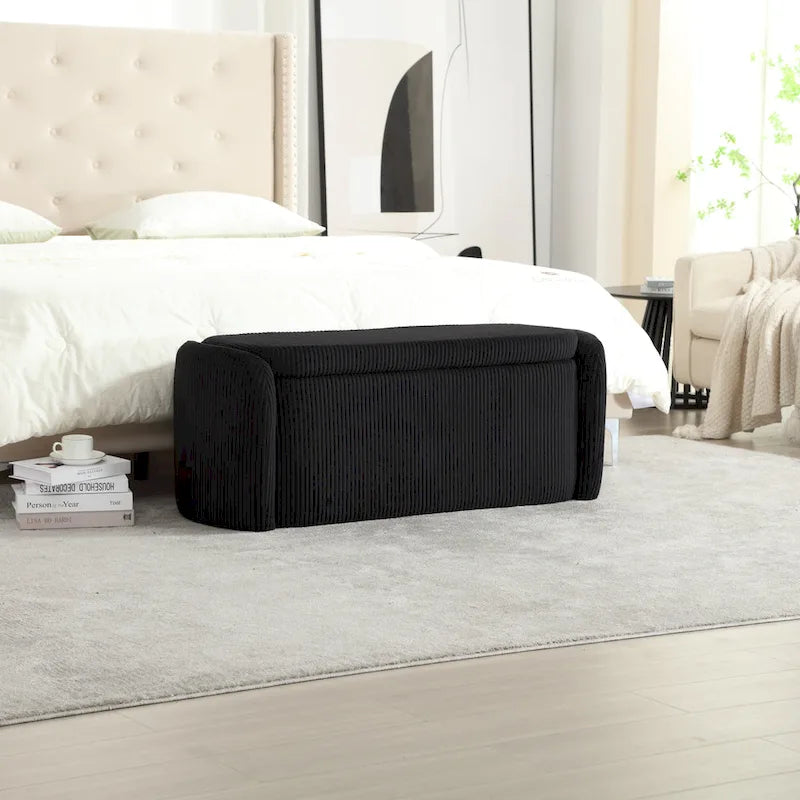 Banc ottoman de rangement en velours côtelé, orange / beige / gris clair / bleu marine / émeraude / noir, charnière de sécurité, 1 à 3 personnes