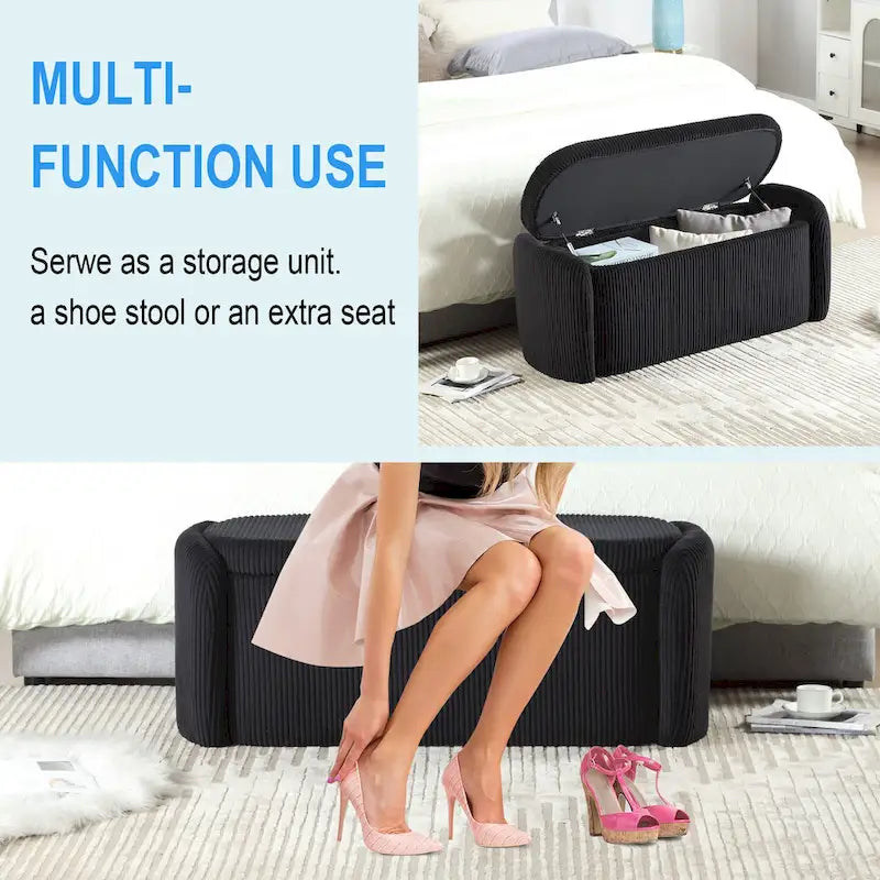Banc ottoman de rangement en velours côtelé, orange / beige / gris clair / bleu marine / émeraude / noir, charnière de sécurité, 1 à 3 personnes