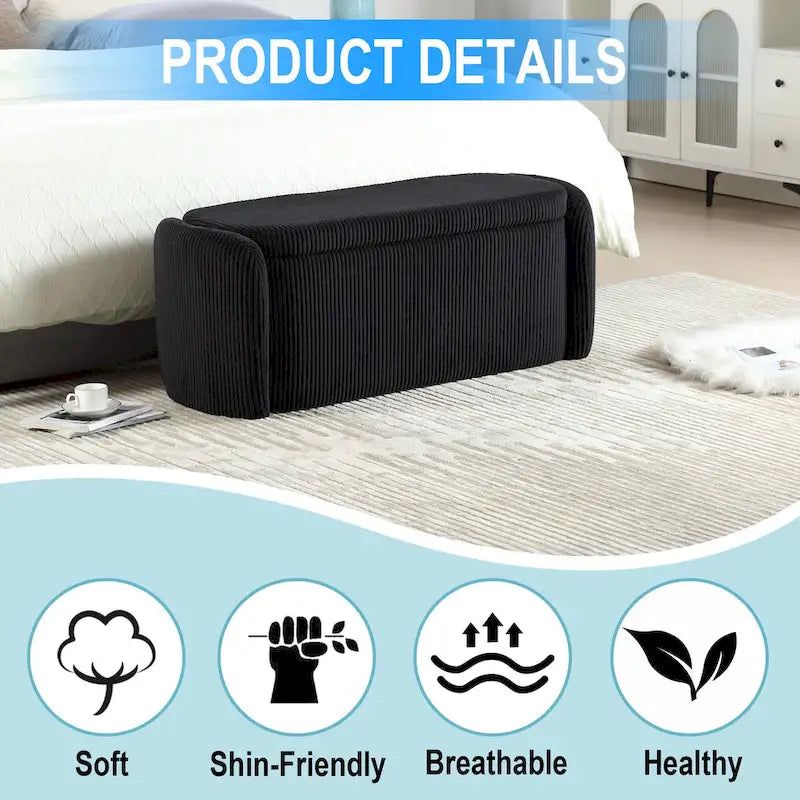 Banc ottoman de rangement en velours côtelé, orange / beige / gris clair / bleu marine / émeraude / noir, charnière de sécurité, 1 à 3 personnes