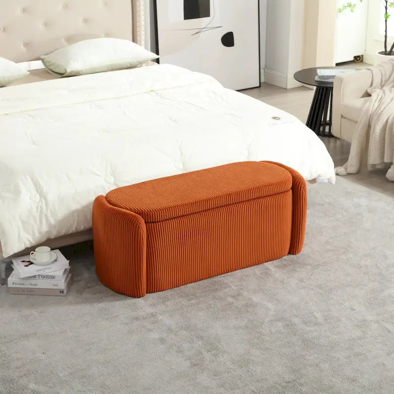 Banc ottoman de rangement en velours côtelé, orange / beige / gris clair / bleu marine / émeraude / noir, charnière de sécurité, 1 à 3 personnes