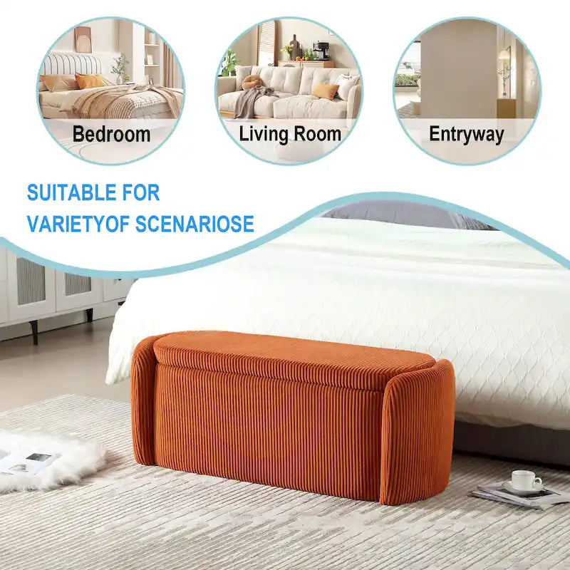 Banc ottoman de rangement en velours côtelé, orange / beige / gris clair / bleu marine / émeraude / noir, charnière de sécurité, 1 à 3 personnes