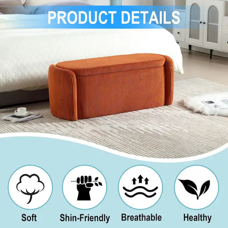 Banc ottoman de rangement en velours côtelé, orange / beige / gris clair / bleu marine / émeraude / noir, charnière de sécurité, 1 à 3 personnes