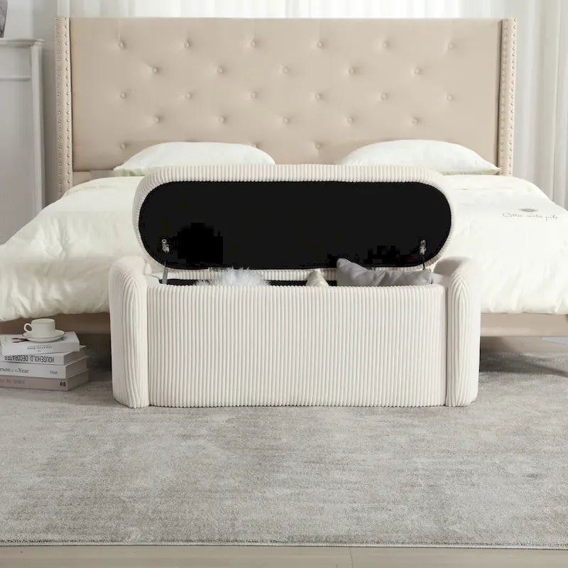 Banc ottoman de rangement en velours côtelé, orange / beige / gris clair / bleu marine / émeraude / noir, charnière de sécurité, 1 à 3 personnes
