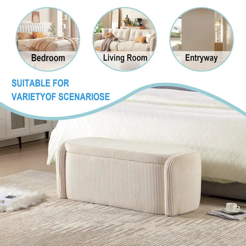 Banc ottoman de rangement en velours côtelé, orange / beige / gris clair / bleu marine / émeraude / noir, charnière de sécurité, 1 à 3 personnes