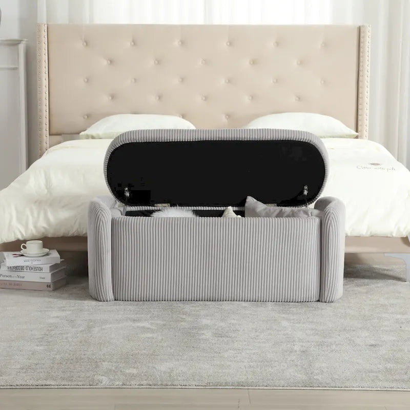 Banc ottoman de rangement en velours côtelé, orange / beige / gris clair / bleu marine / émeraude / noir, charnière de sécurité, 1 à 3 personnes