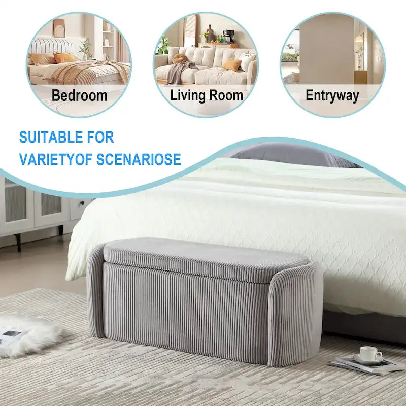 Banc ottoman de rangement en velours côtelé, orange / beige / gris clair / bleu marine / émeraude / noir, charnière de sécurité, 1 à 3 personnes