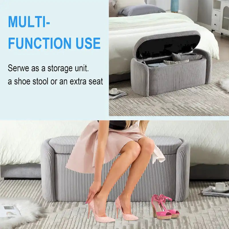 Banc ottoman de rangement en velours côtelé, orange / beige / gris clair / bleu marine / émeraude / noir, charnière de sécurité, 1 à 3 personnes
