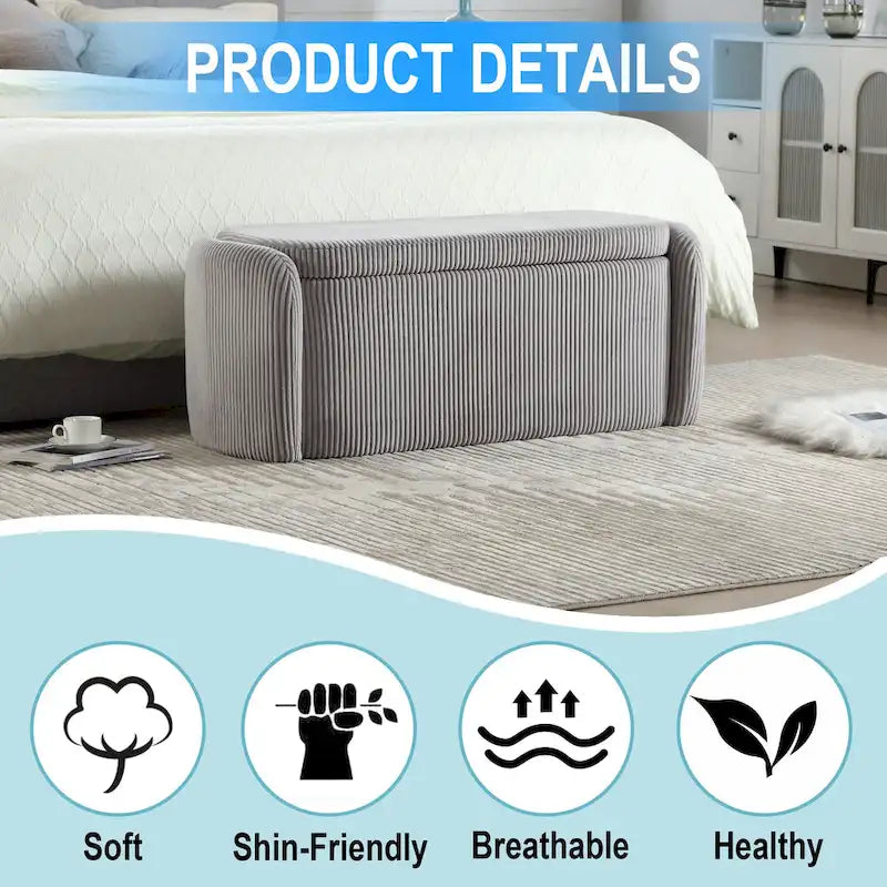 Banc ottoman de rangement en velours côtelé, orange / beige / gris clair / bleu marine / émeraude / noir, charnière de sécurité, 1 à 3 personnes