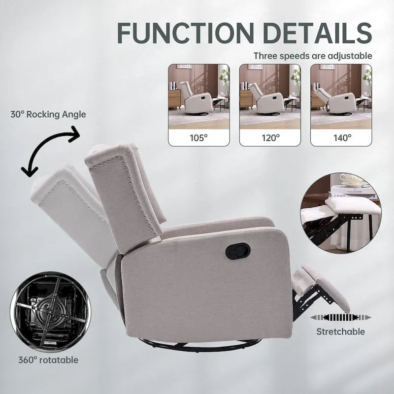 Fauteuil inclinable berçant pivotant à 360° avec repose-pieds, gris foncé / blanc / café / vert olive / beige, 1 personne