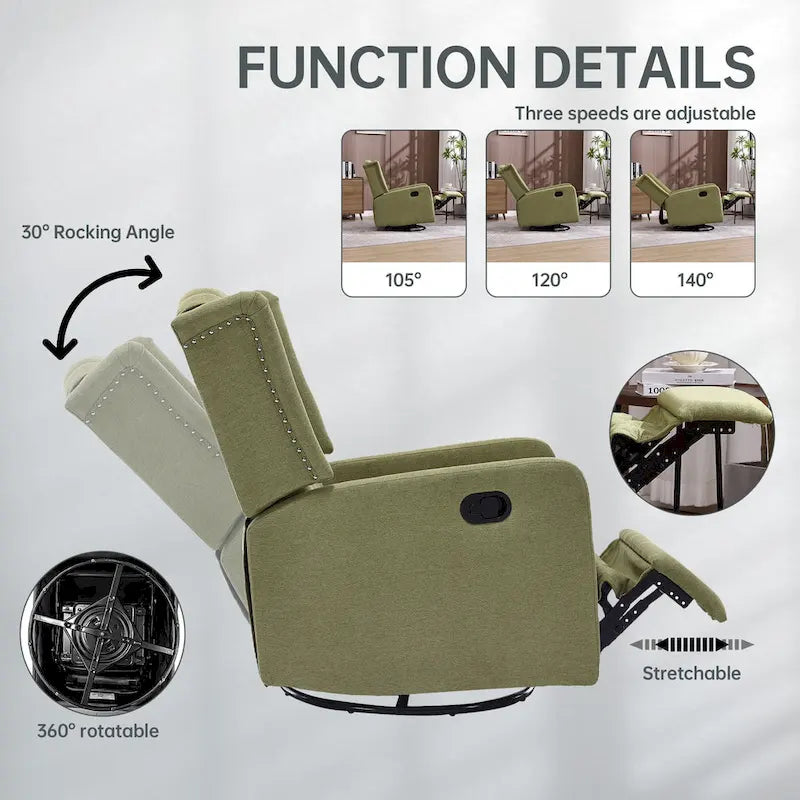 Fauteuil inclinable berçant pivotant à 360° avec repose-pieds, gris foncé / blanc / café / vert olive / beige, 1 personne