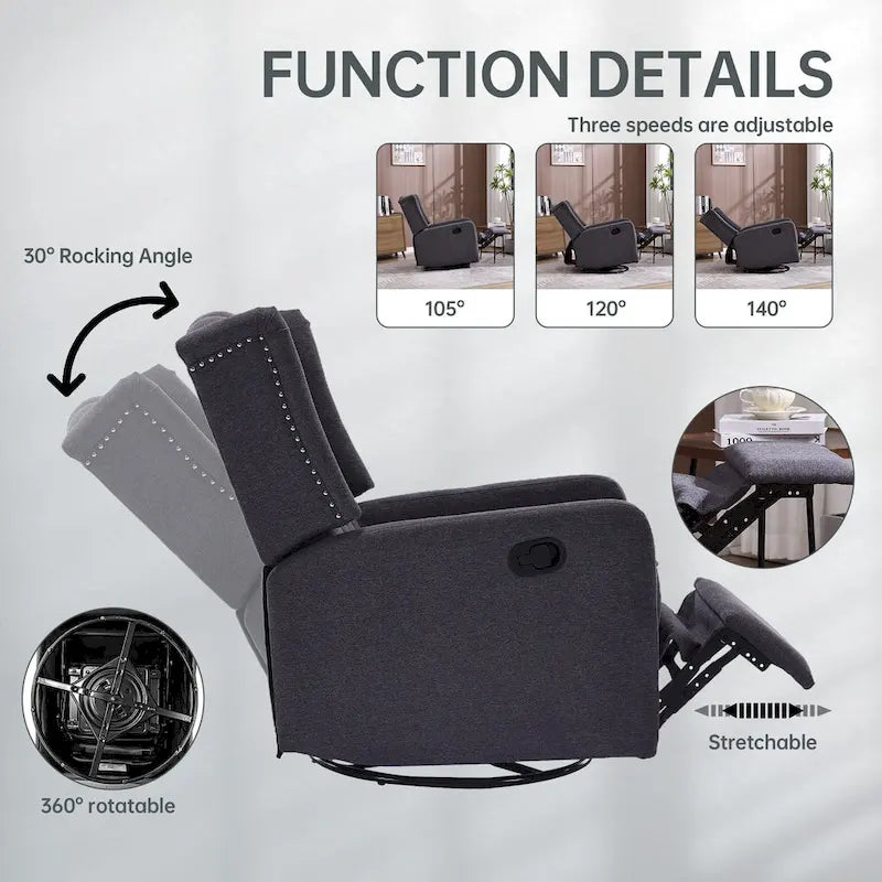 Fauteuil inclinable berçant pivotant à 360° avec repose-pieds, gris foncé / blanc / café / vert olive / beige, 1 personne